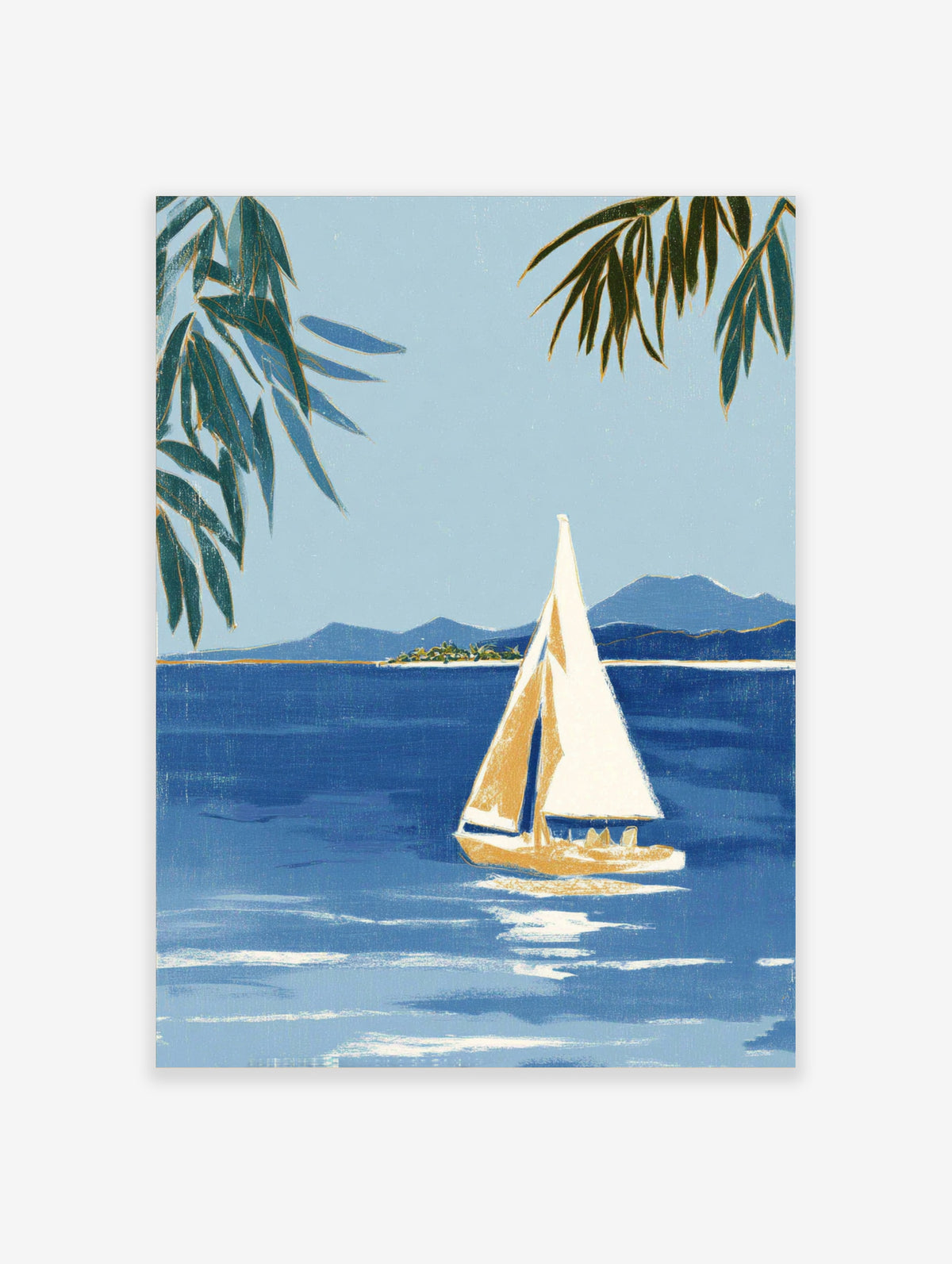 Blue coastal sailing boat art print with white sail, deep blue water, distant mountains and green leaves