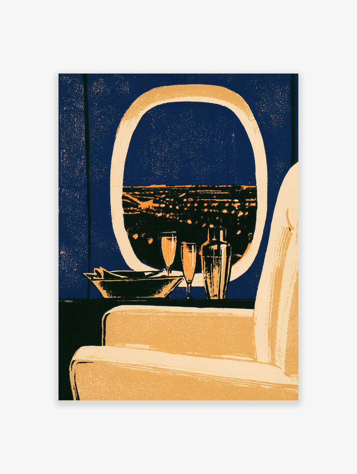 Blue coastal wall art print of a cocktail shaker and flutes by an oval window overlooking a night harbour