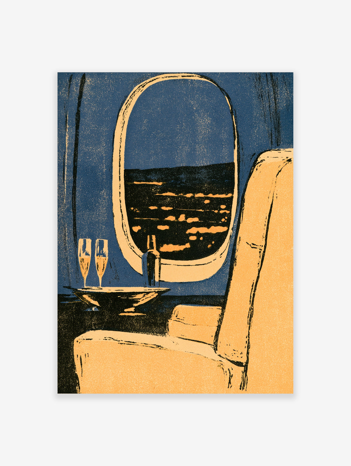 Blue coastal wall art print of an oval mirror reflecting a night seascape with champagne flutes and an armchair