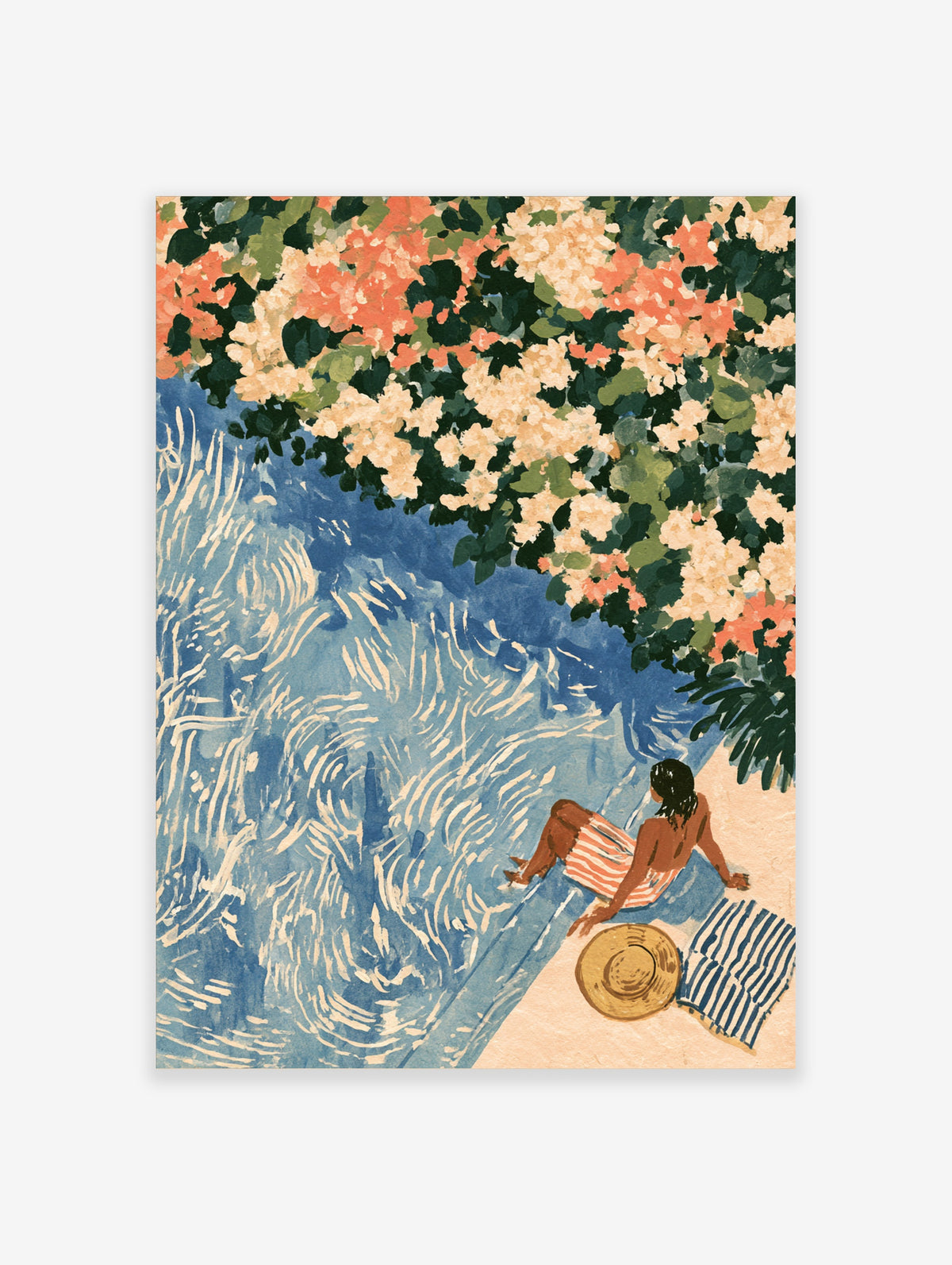 Woman in striped wrap seated on beach beside blue water and peach blossoms, coastal art print