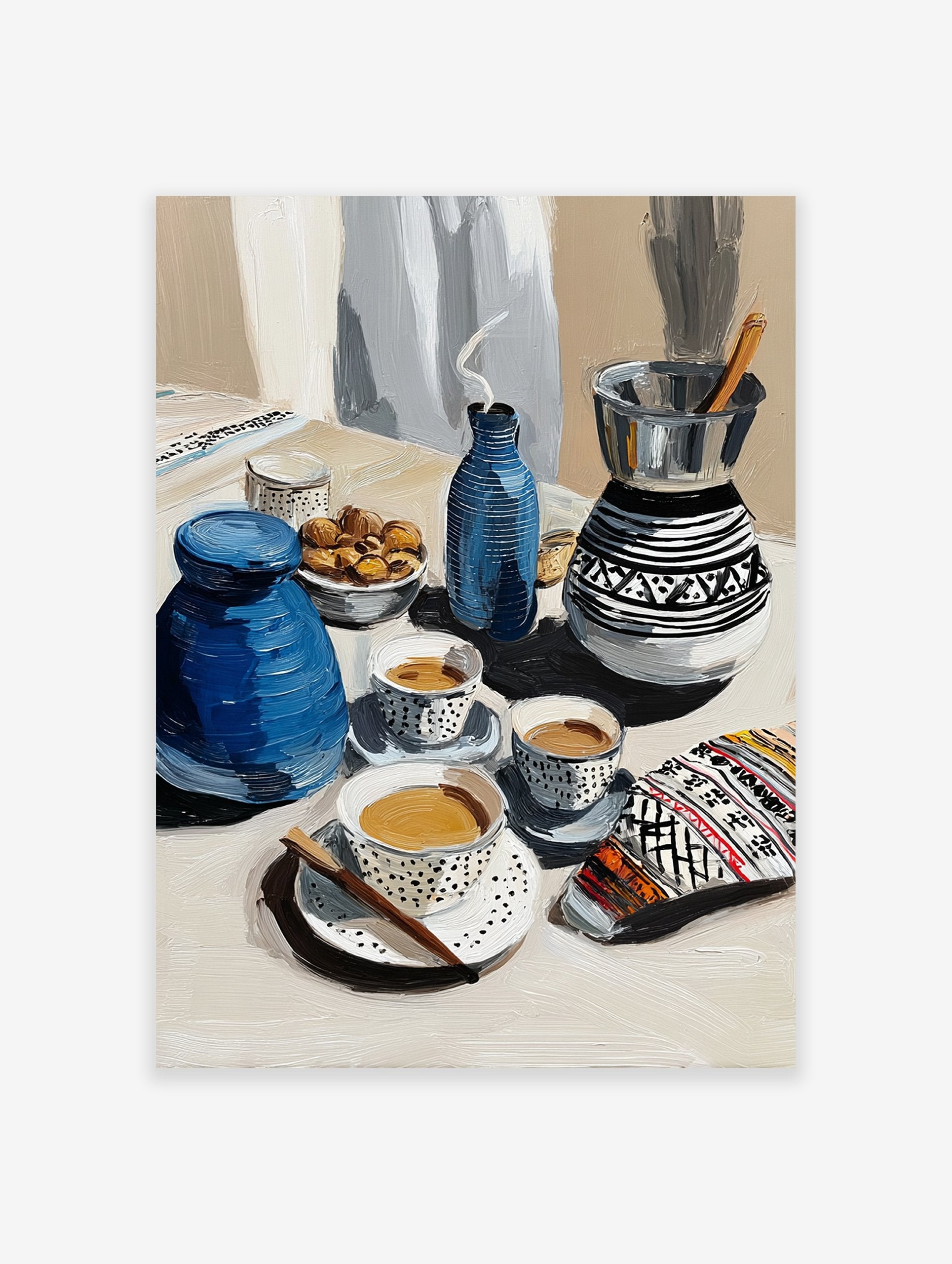 Painterly blue coffee art poster depicting a still life with traditional coffee pots, cups, and a bowl of nuts.