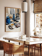 Painterly blue coffee art poster depicting a still life with traditional coffee pots, cups, and a bowl of nuts. - Image 2