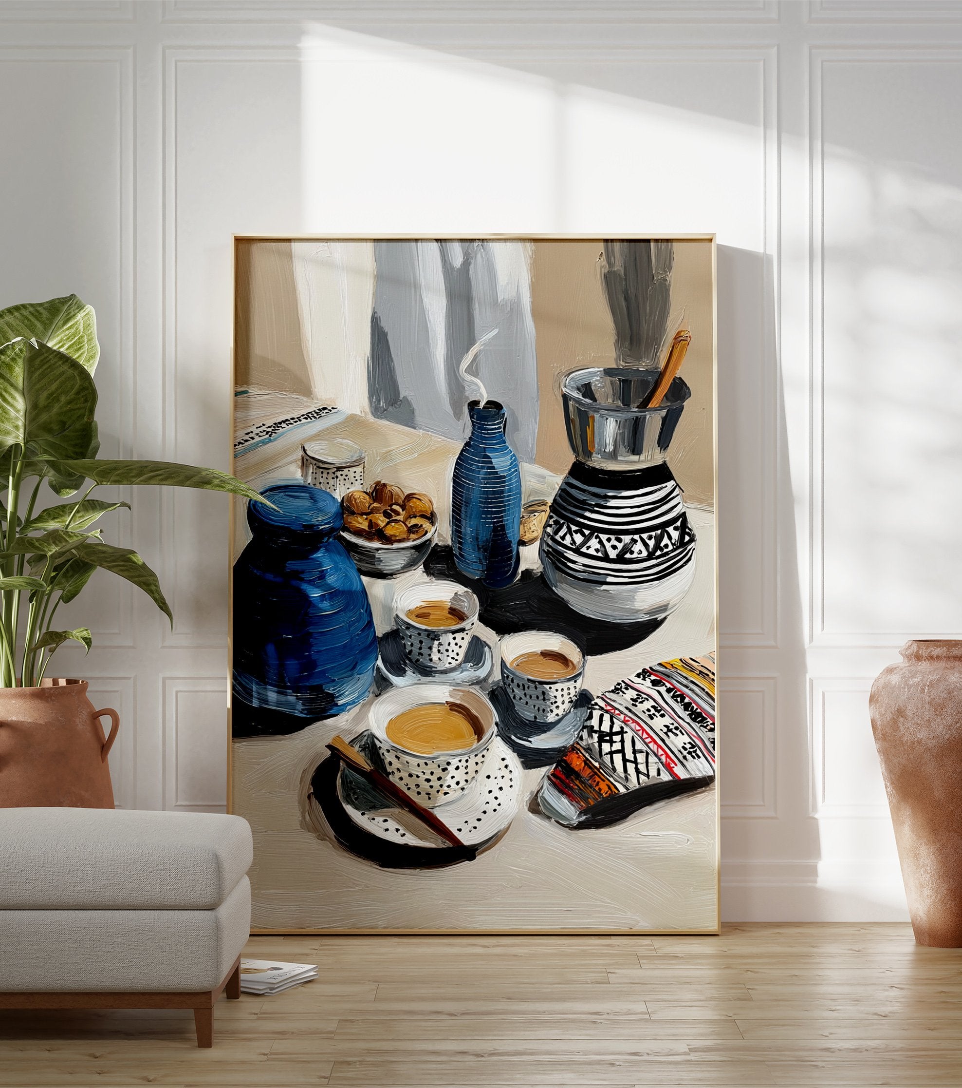 Painterly blue coffee art poster depicting a still life with traditional coffee pots, cups, and a bowl of nuts. - Image 3
