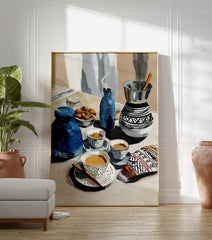 Painterly blue coffee art poster depicting a still life with traditional coffee pots, cups, and a bowl of nuts. - Image 3
