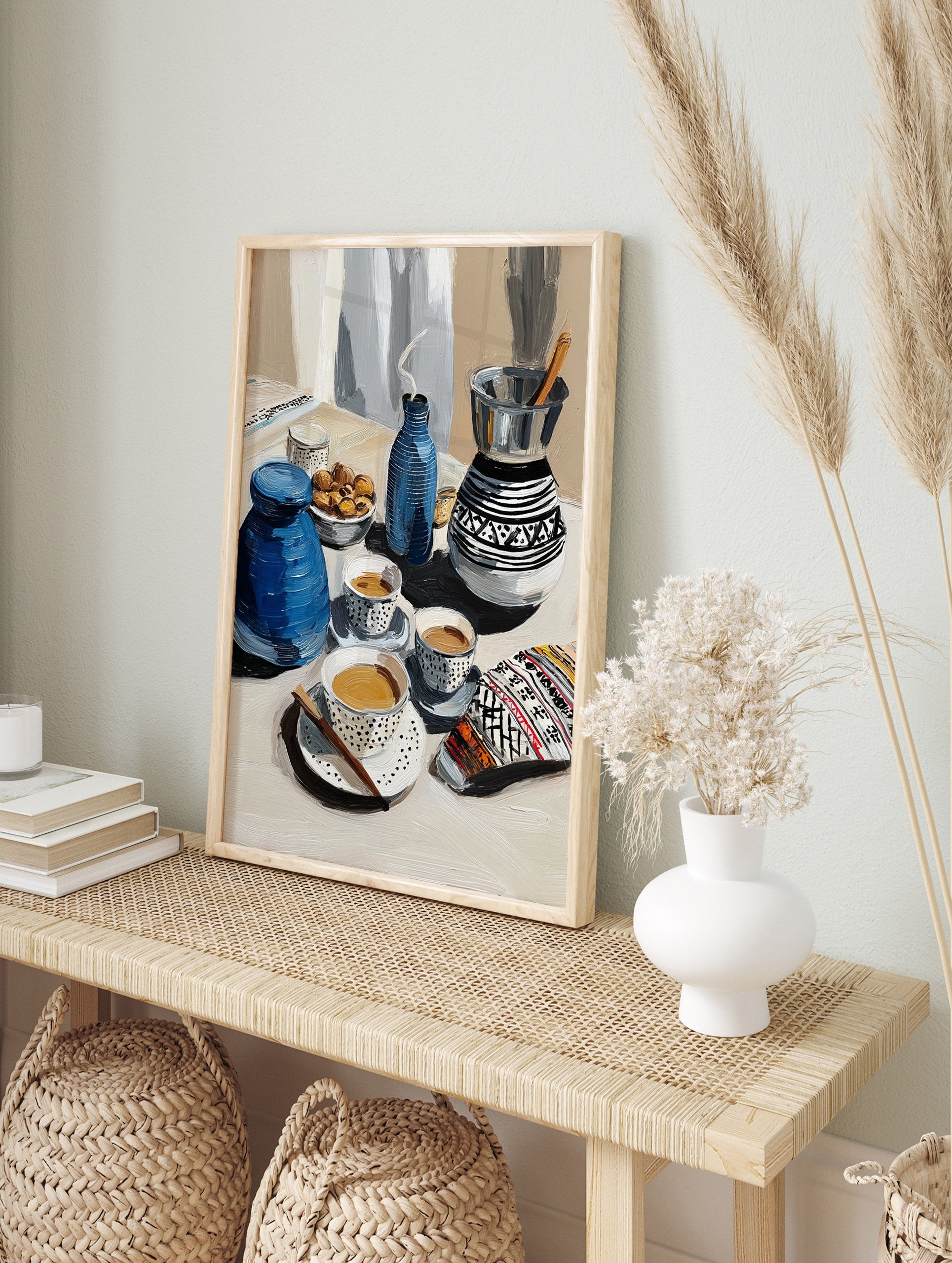 Painterly blue coffee art poster depicting a still life with traditional coffee pots, cups, and a bowl of nuts. - Image 4