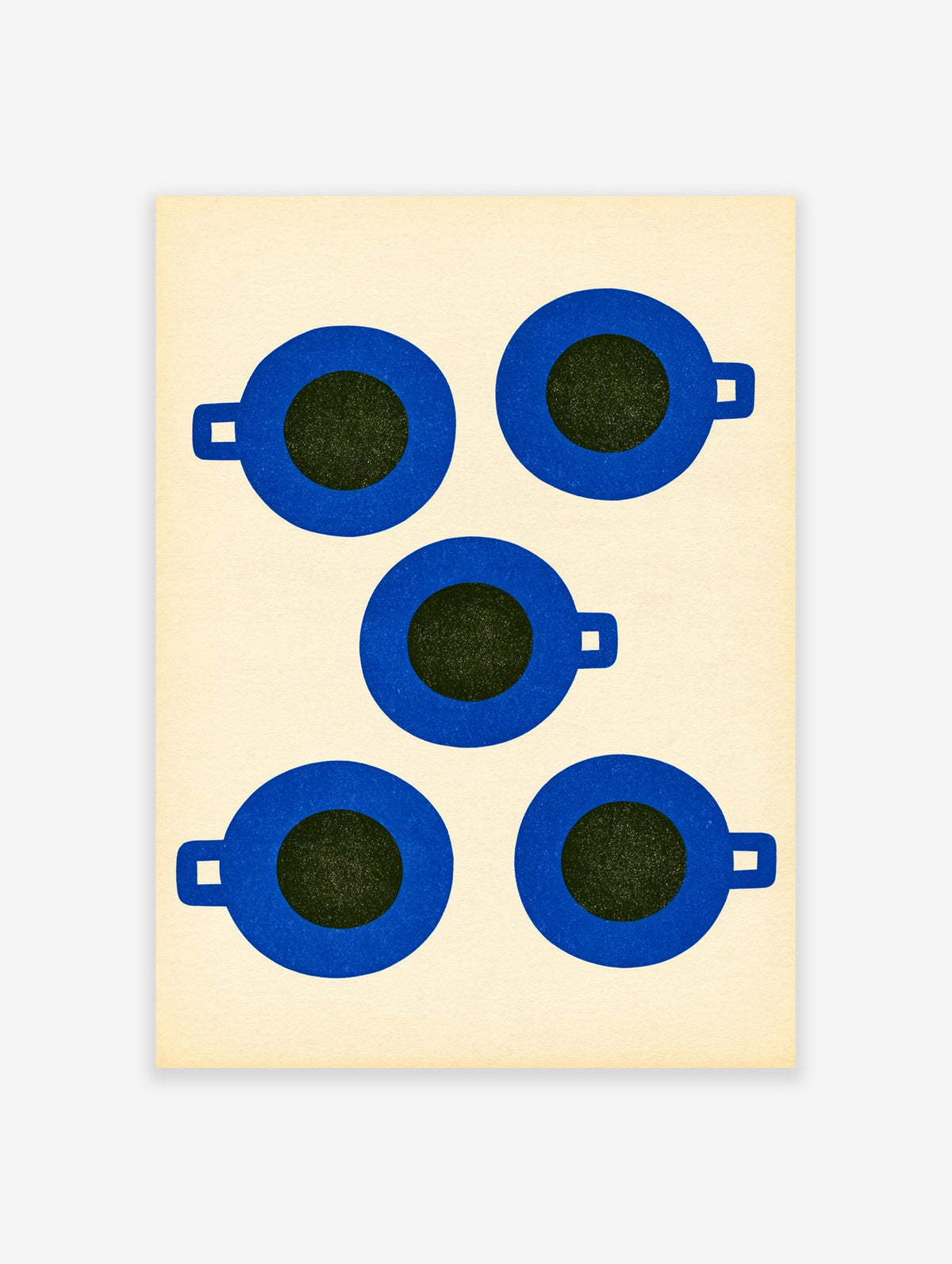 Minimalist art print of five blue coffee cups on a cream background