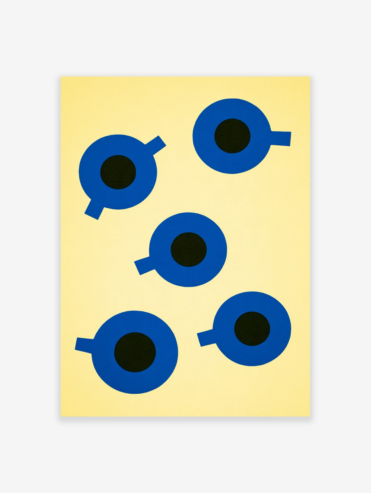 Minimalist coffee cup poster with blue and black circular shapes on a cream background