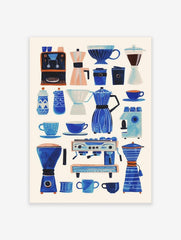 Illustrated blue coffee poster featuring various coffee makers, cups, and brewing accessories in a charming, modern style on a light background.