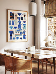 Illustrated blue coffee poster featuring various coffee makers, cups, and brewing accessories in a charming, modern style on a light background. - Image 2