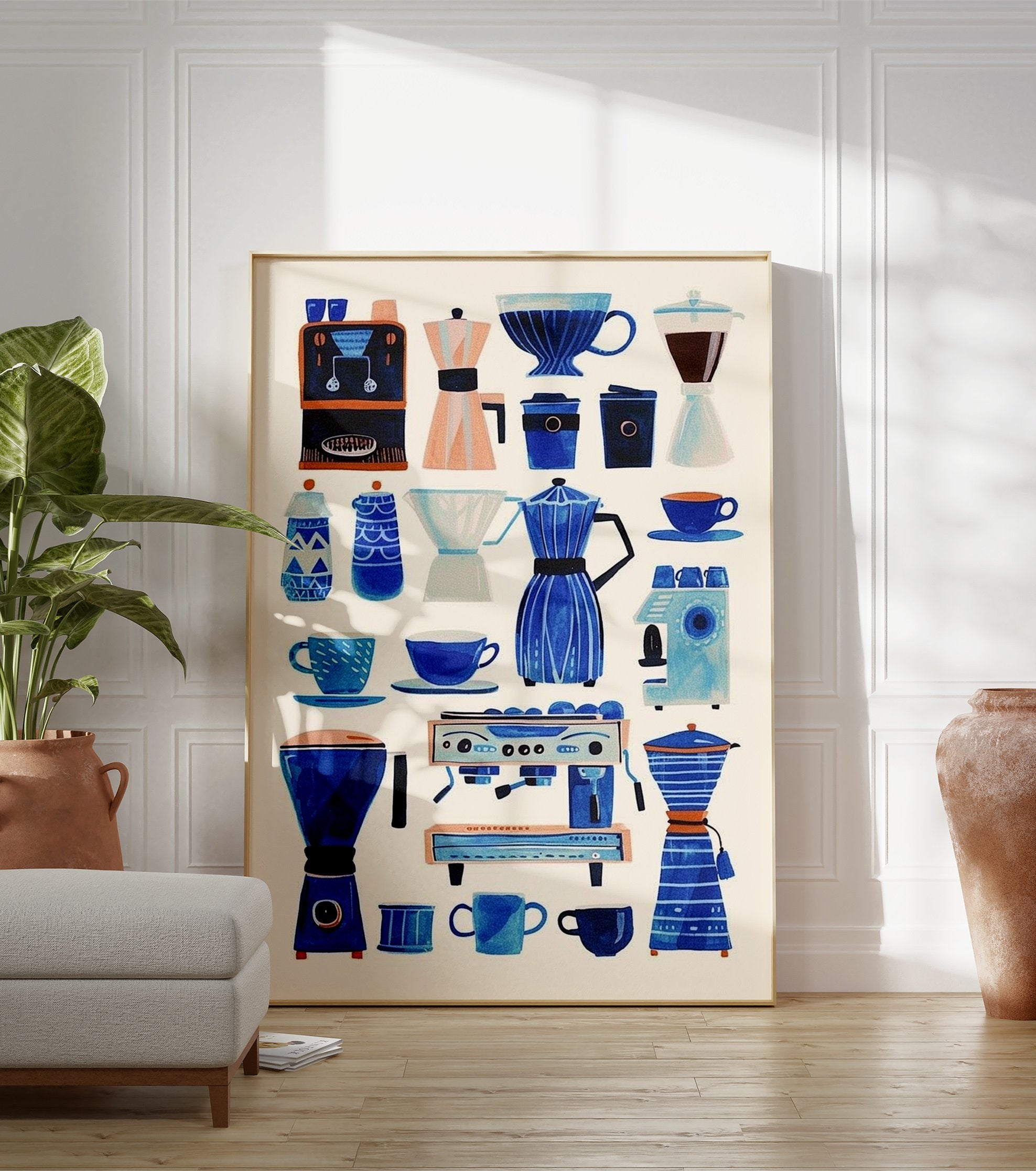 Illustrated blue coffee poster featuring various coffee makers, cups, and brewing accessories in a charming, modern style on a light background. - Image 3