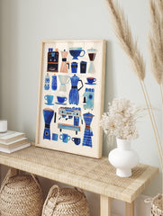 Illustrated blue coffee poster featuring various coffee makers, cups, and brewing accessories in a charming, modern style on a light background. - Image 4