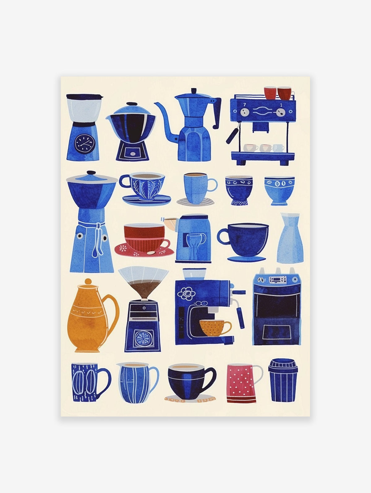 Poster of blue and orange illustrated coffee makers, cups, and accessories on a light background for kitchen decor.