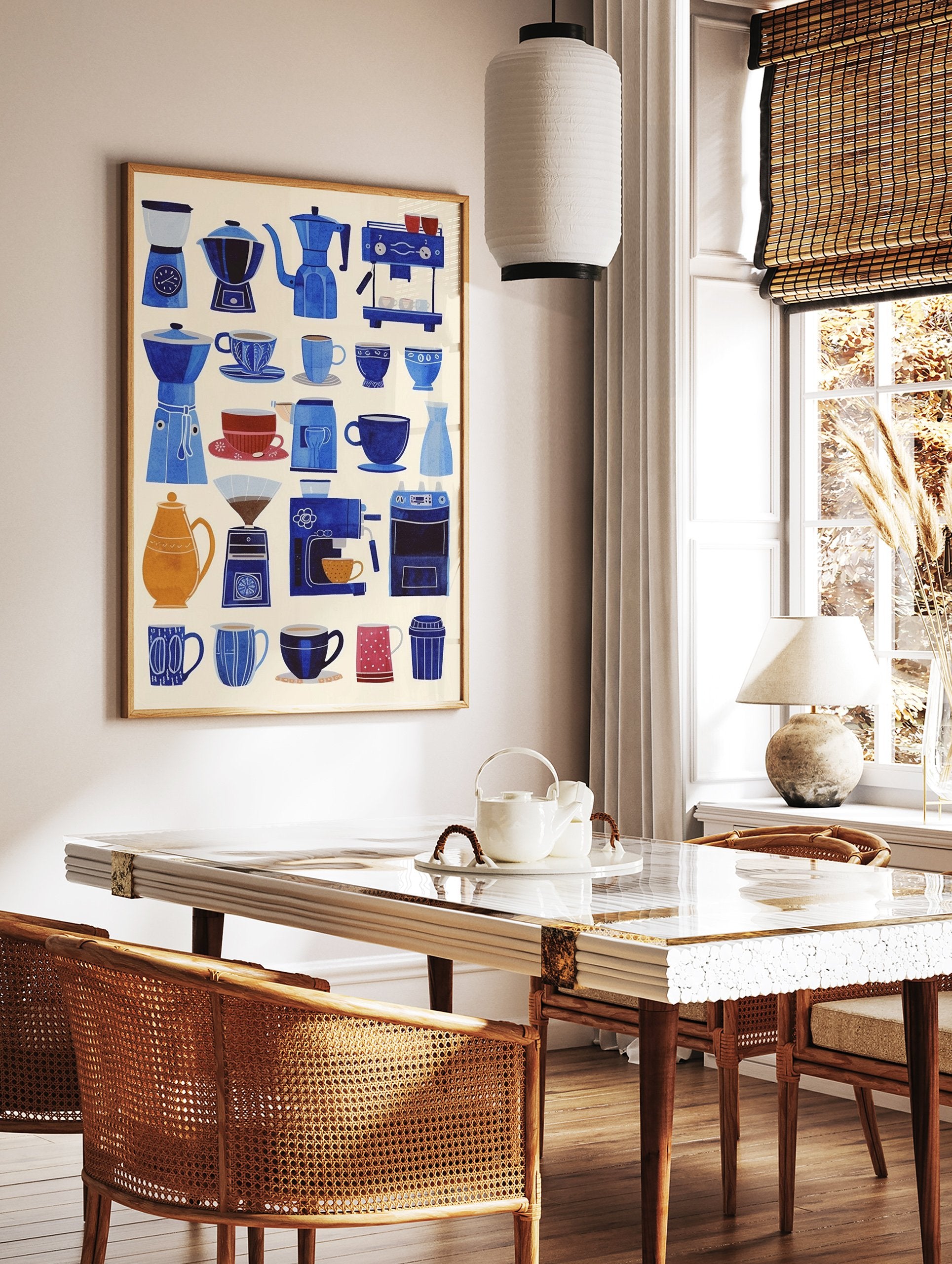 Poster of blue and orange illustrated coffee makers, cups, and accessories on a light background for kitchen decor. - Image 2