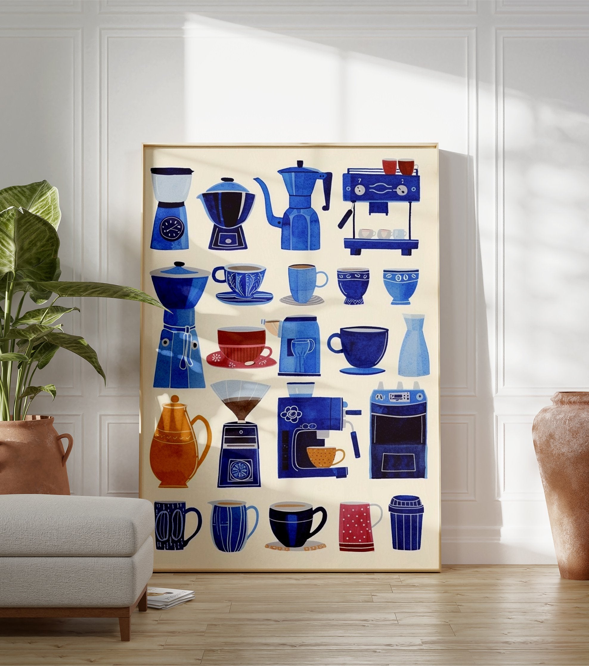 Poster of blue and orange illustrated coffee makers, cups, and accessories on a light background for kitchen decor. - Image 3