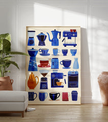 Poster of blue and orange illustrated coffee makers, cups, and accessories on a light background for kitchen decor. - Image 3
