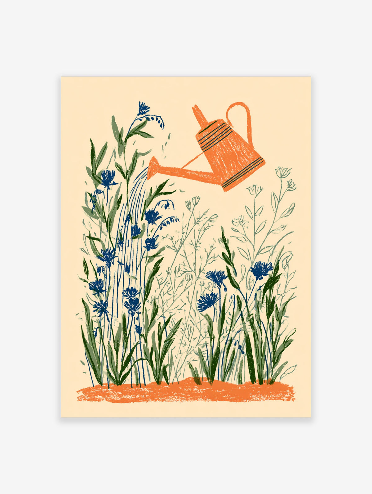 Blue cornflower botanical art print with orange watering can pouring water over green stems on cream background