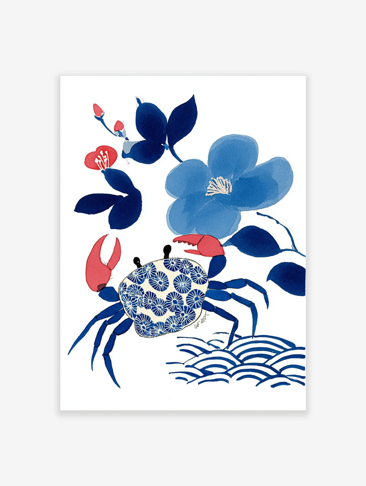 Blue crab with patterned shell, blue flowers, and red buds illustration art print on white background