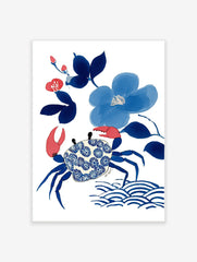 Blue crab with patterned shell, blue flowers, and red buds illustration art print on white background