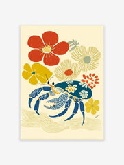 Illustrative art print of a blue crab with floral patterns, surrounded by red and yellow flowers on a cream background