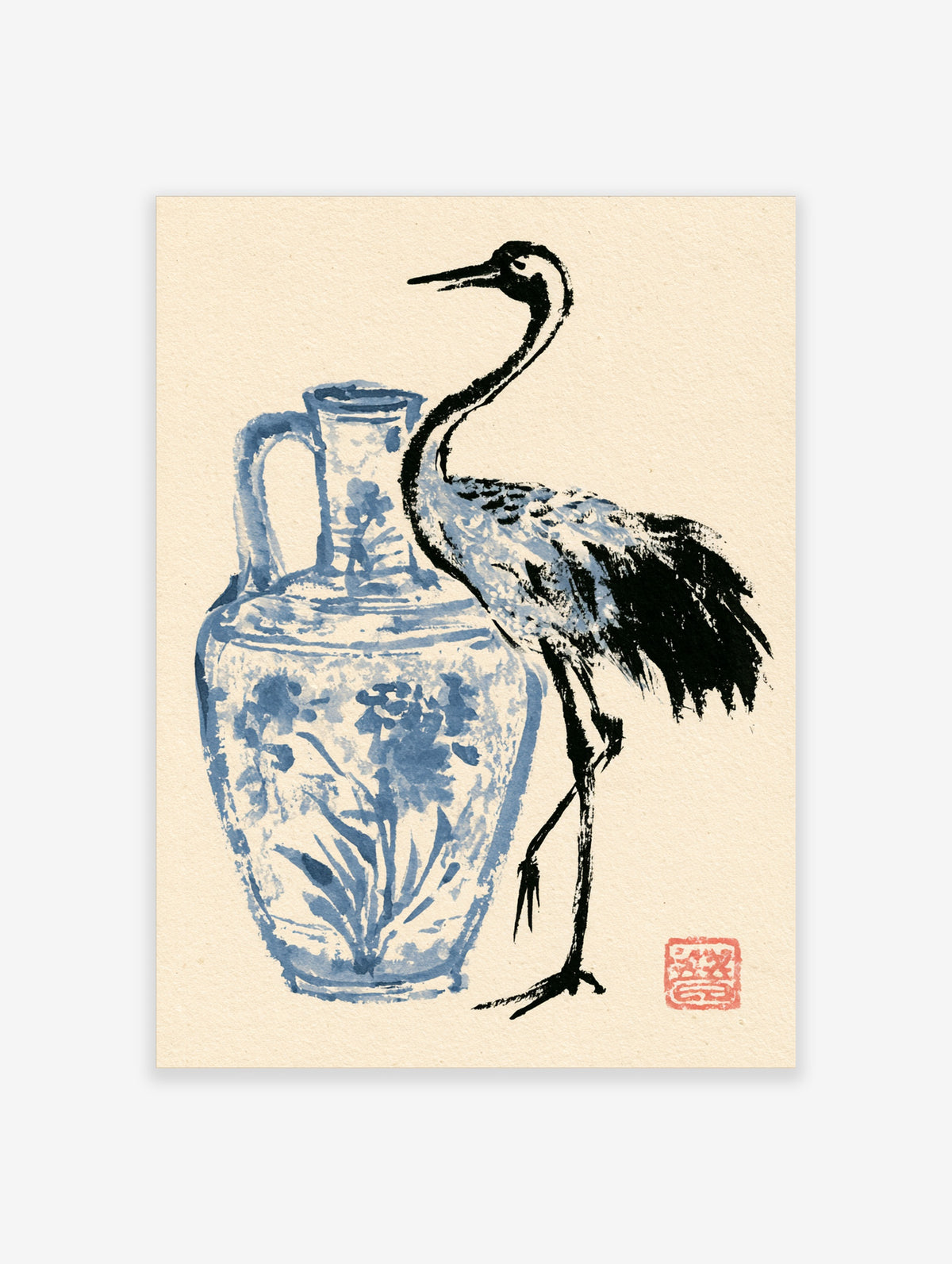 Blue crane standing beside a blue and white floral jug in a Japanese-style art print