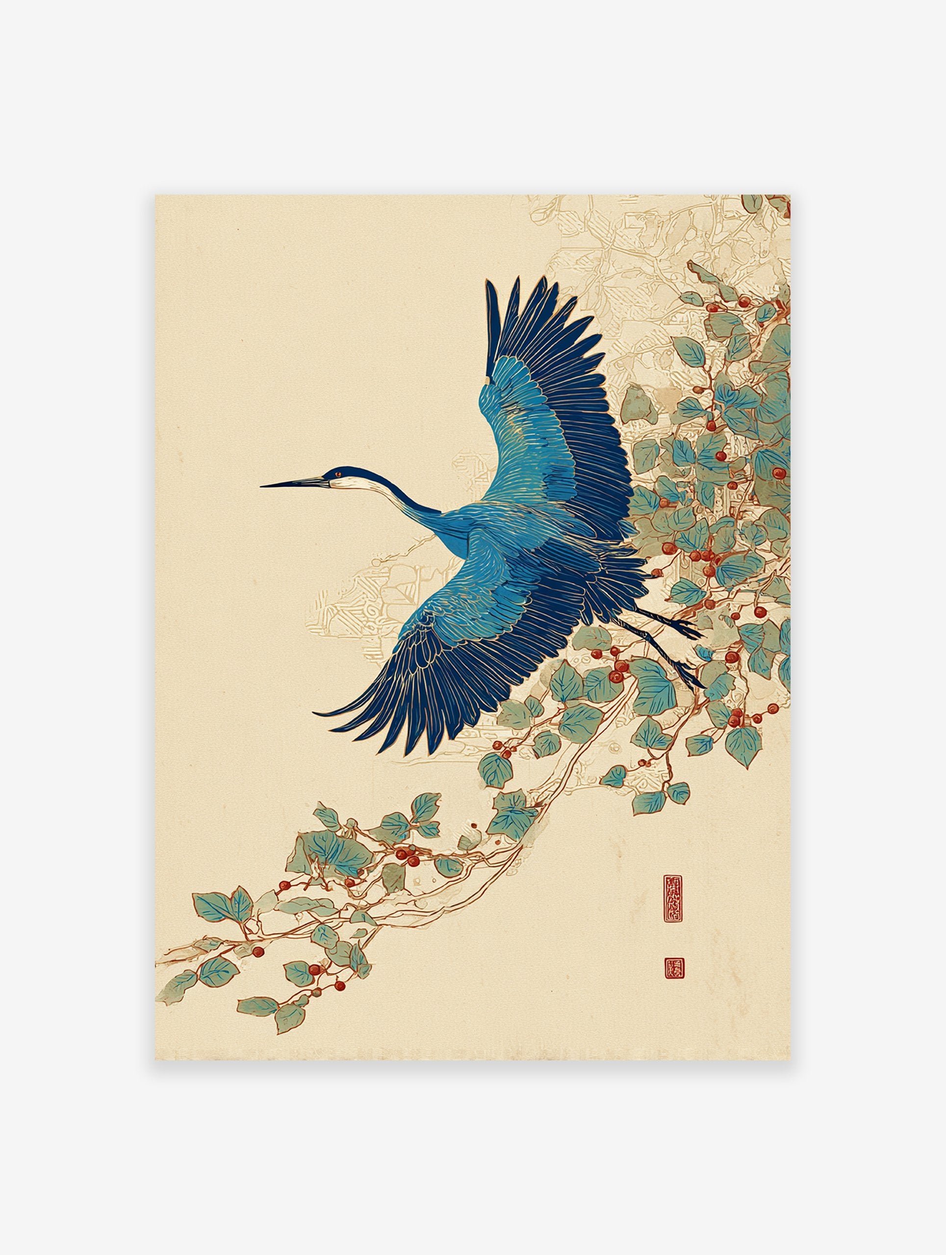 Japanese blue crane wall art print in flight with blue wings and long beak, flying past green leaves and red berries on a vine.