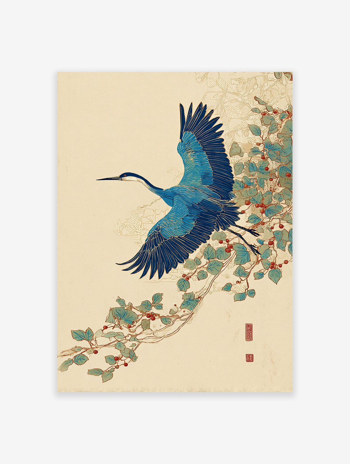 Japanese blue crane wall art print in flight with blue wings and long beak, flying past green leaves and red berries on a vine.