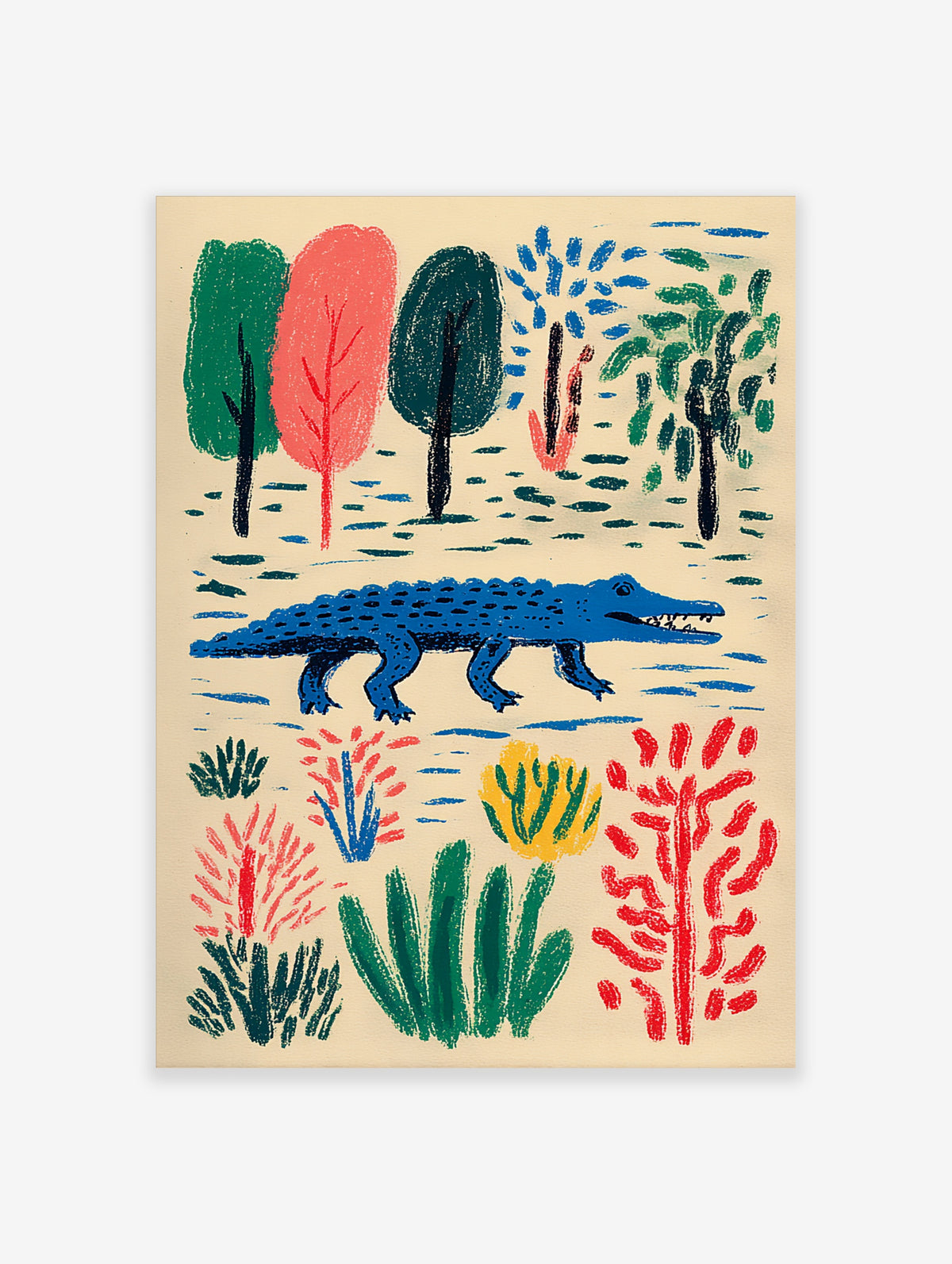 Blue crocodile illustration with green and red stylized trees and plants on cream background