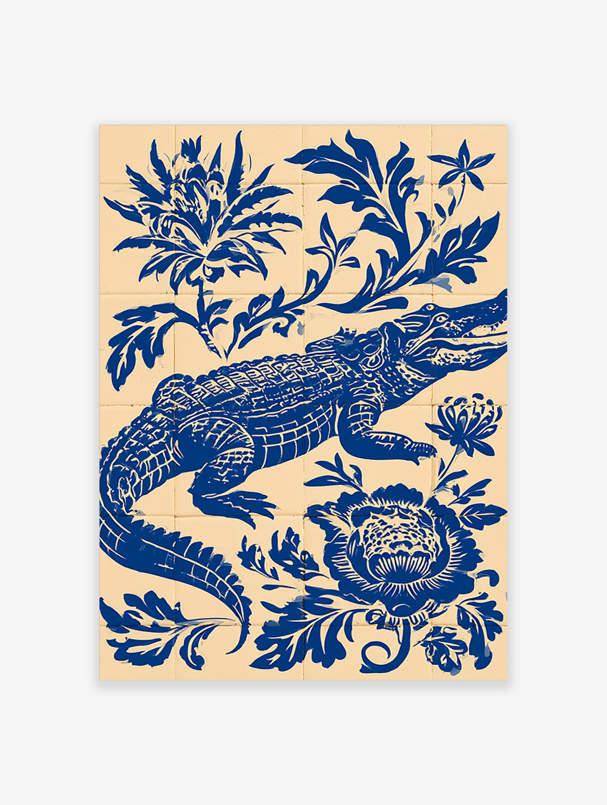 Blue crocodile illustration with ornate botanical leaves and flowers on cream background