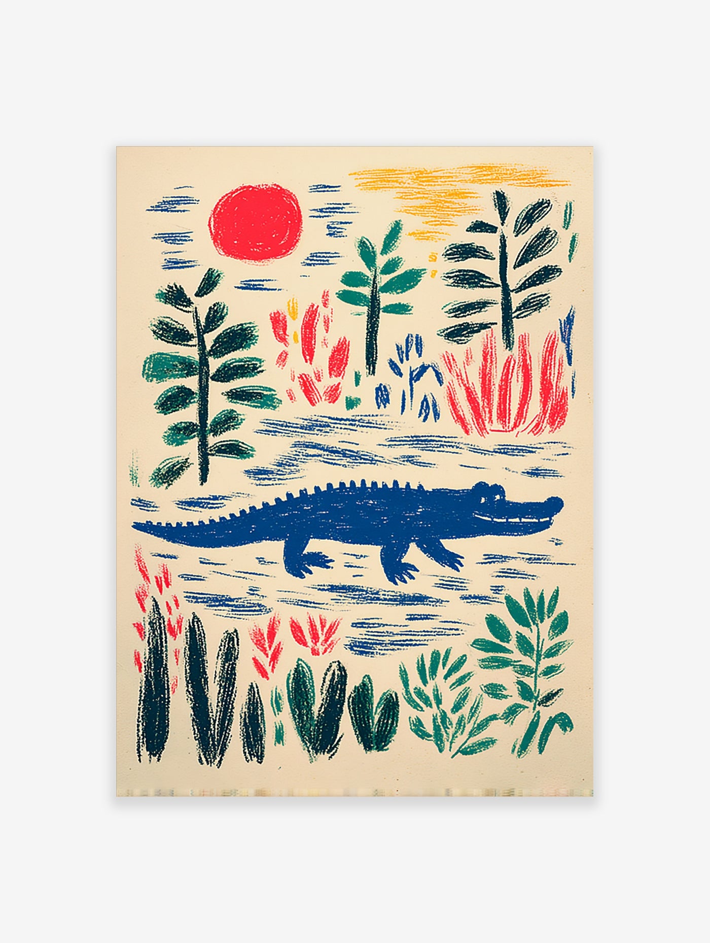 Blue crocodile in water with red sun, green trees, and plants, childlike illustration art print