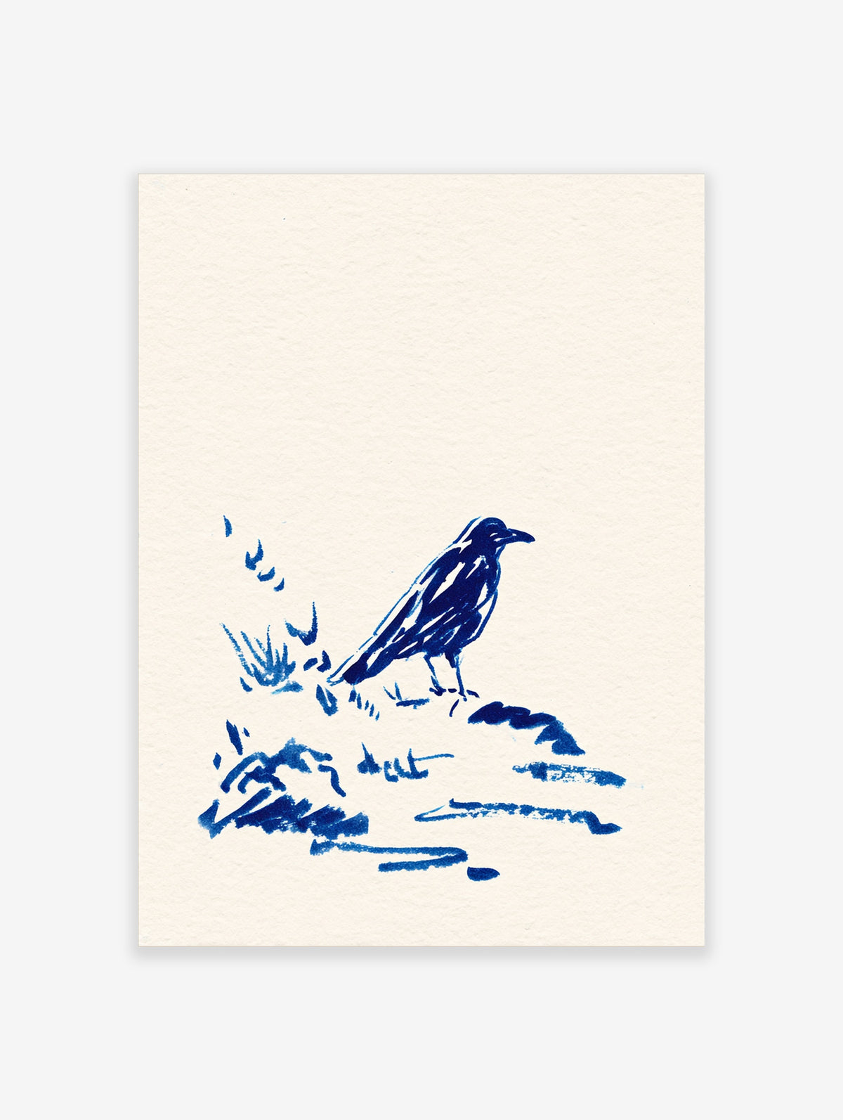 Blue crow bird ink sketch art print on off-white background