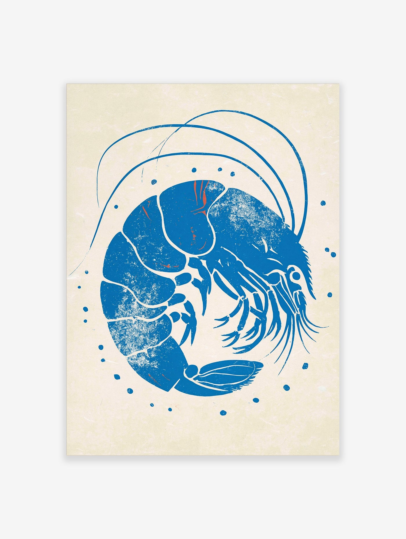 Blue crustacean illustration with segmented shell, antennae, and dots on cream background