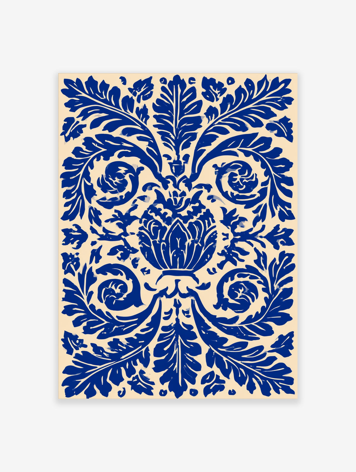 Blue damask pattern with ornate acanthus leaves and central floral motif on cream background