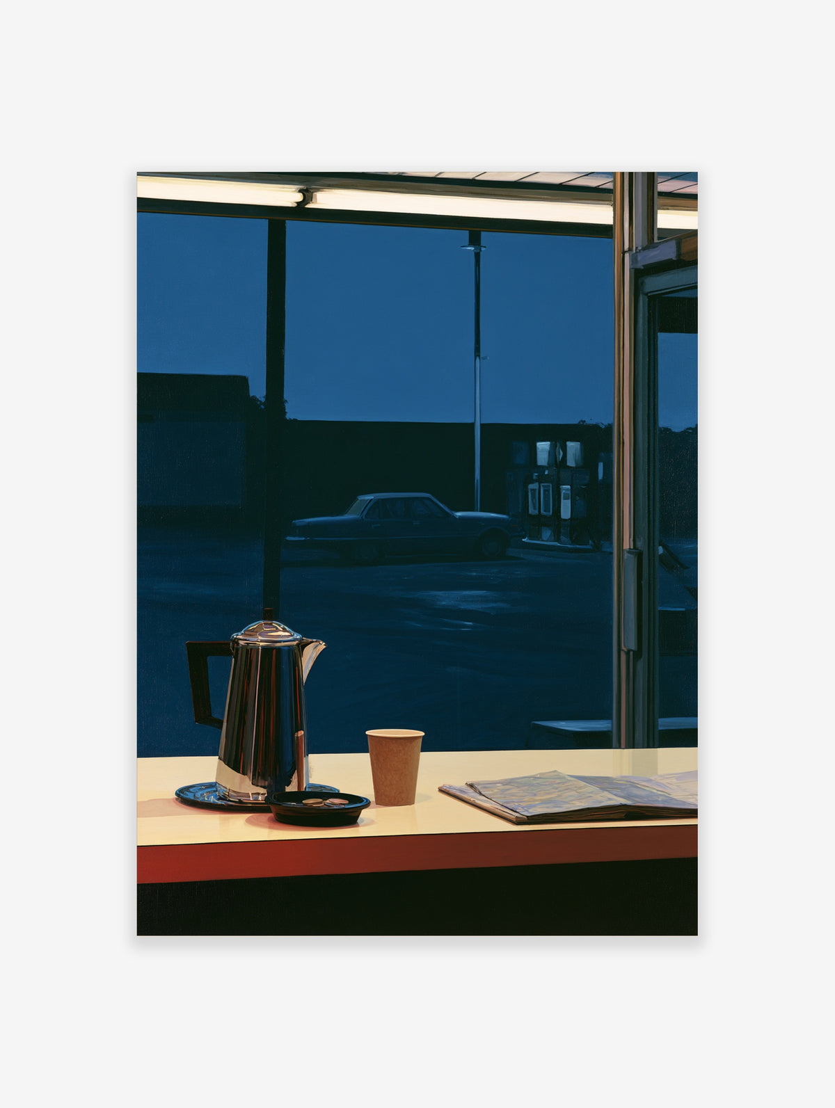 Blue diner night art print with silver coffee pot, paper cup, newspaper, and classic car outside window