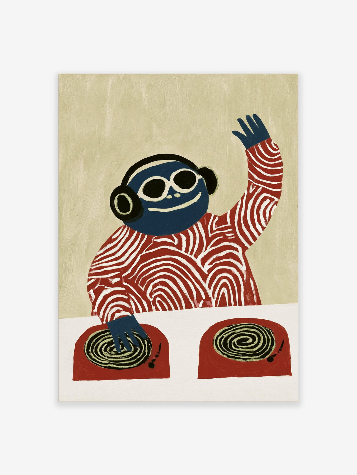 Blue DJ monkey wearing headphones and sunglasses at a turntable, illustrative graphic art print on a beige background