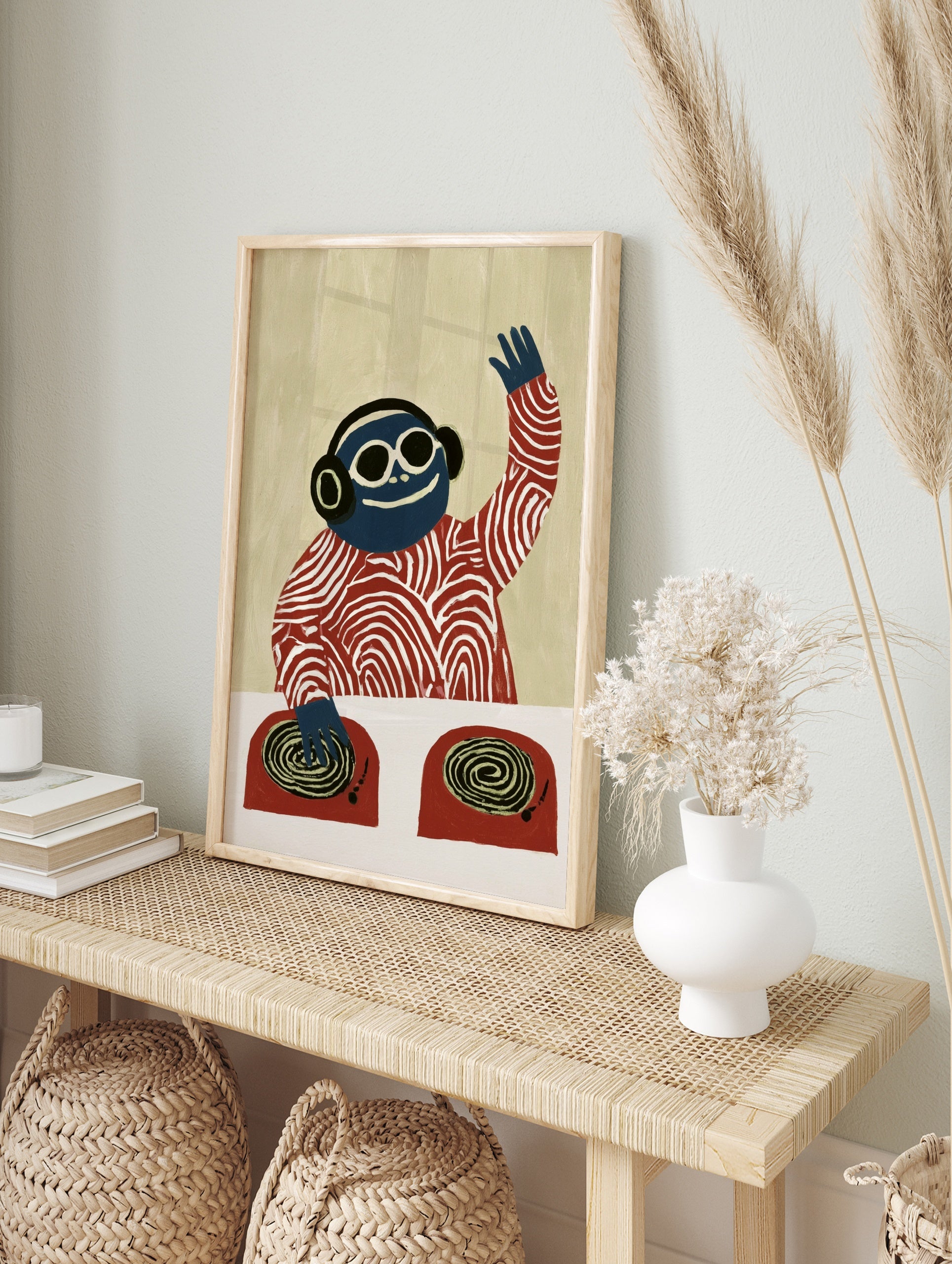 Blue DJ monkey wearing headphones and sunglasses at a turntable, illustrative graphic art, in an alternate framed mockup