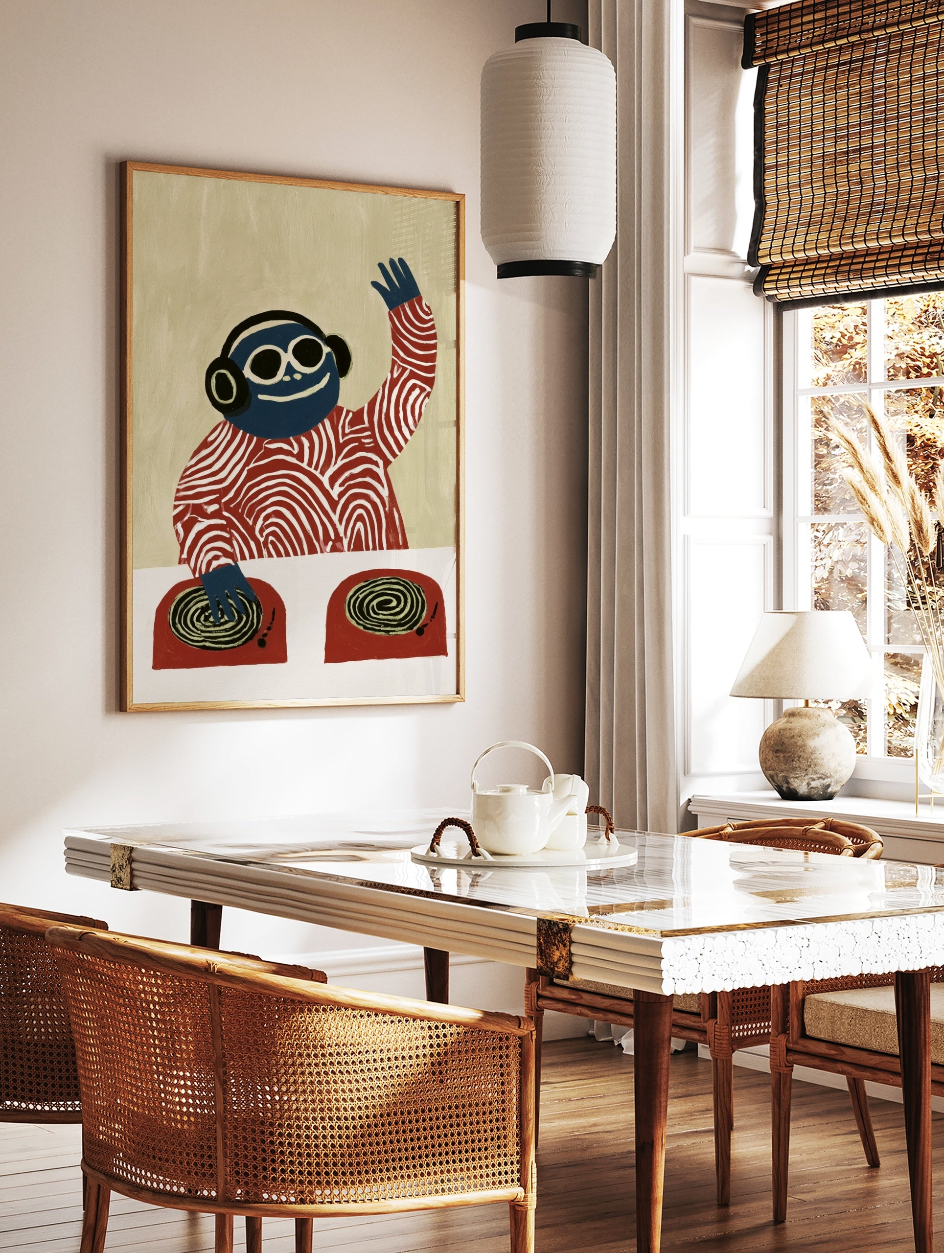 Blue DJ monkey wearing headphones and sunglasses at a turntable, illustrative graphic art print on, in a styled room mockup