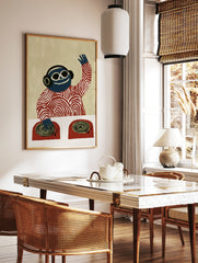 Blue DJ monkey wearing headphones and sunglasses at a turntable, illustrative graphic art print on, in a styled room mockup