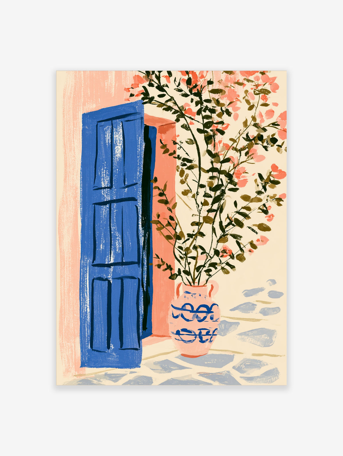 Blue louvred door and pink vase with coral flowers on a sunlit patio, Mediterranean art print