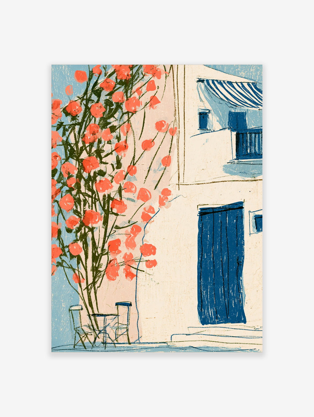 Mediterranean wall art print of a white building with blue door and coral poppies