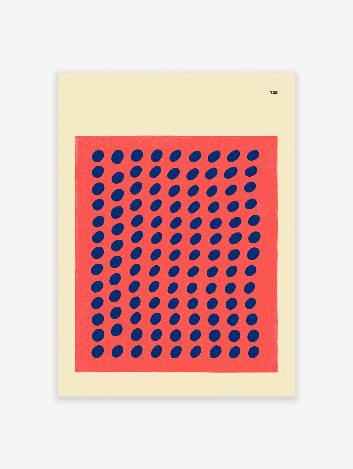 Minimalist geometric art print with repeating blue ovals on a vibrant red background in a portrait orientation