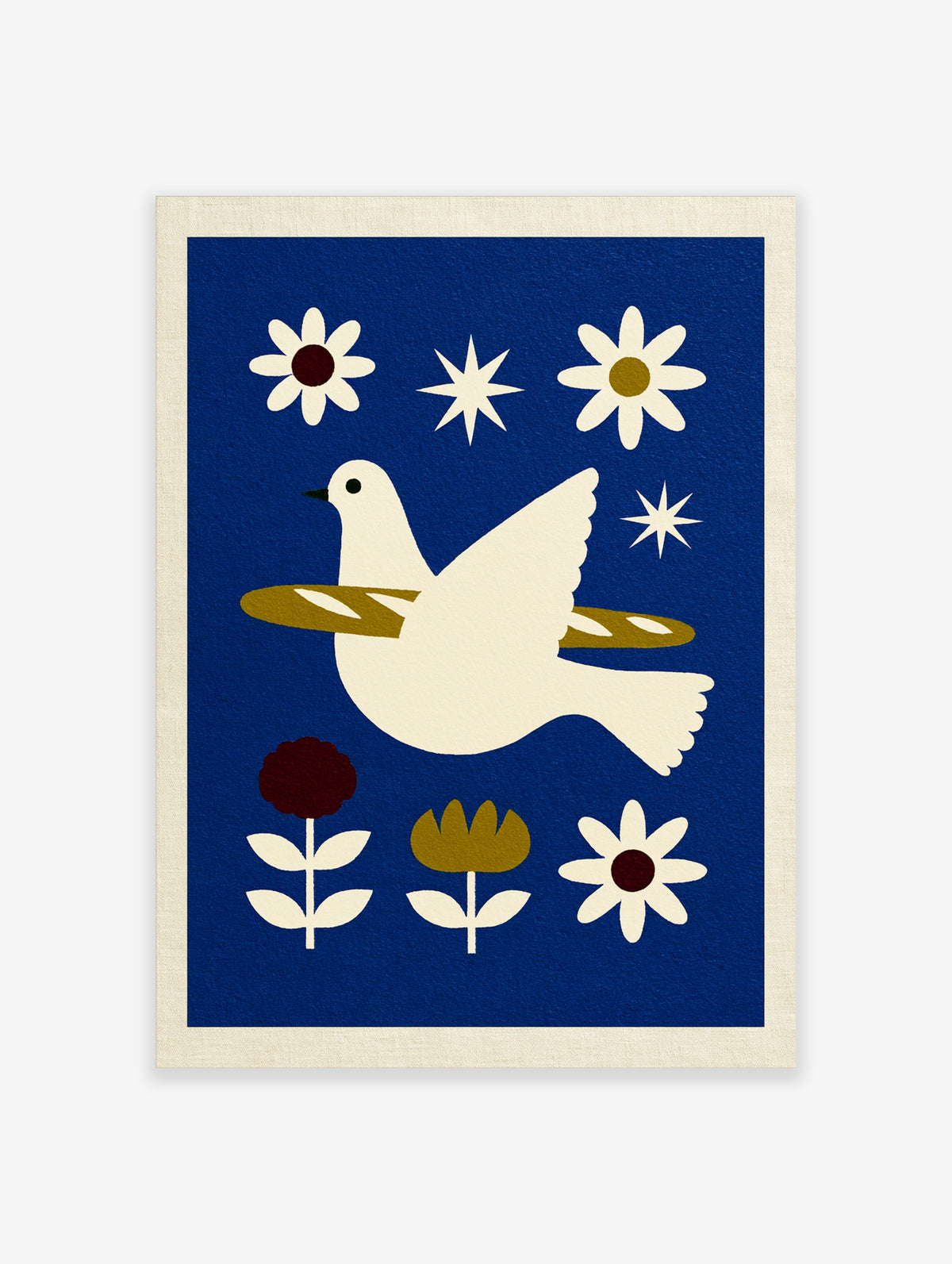 Blue folk art print of a cream dove with olive branch, flowers and stars