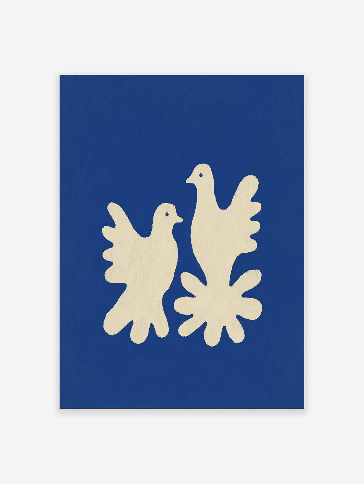Minimalist art print of two cream doves on a deep blue background with a textured, cut-out style