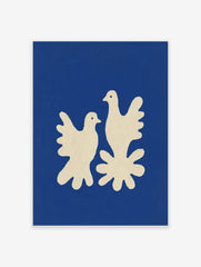 Minimalist art print of two cream doves on a deep blue background with a textured, cut-out style