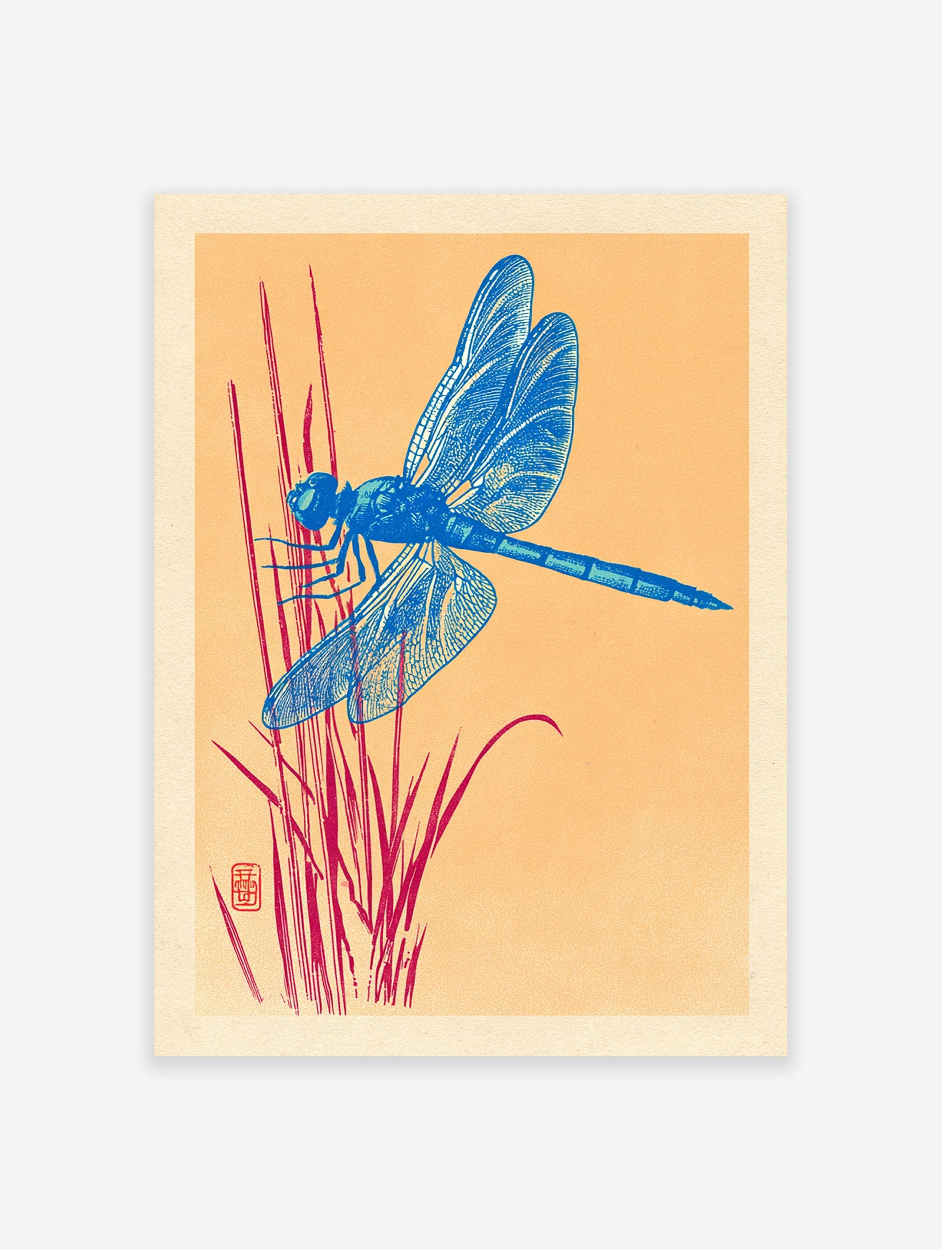 Blue dragonfly illustration on red reeds against an orange background, Japanese style art print with a red stamp.