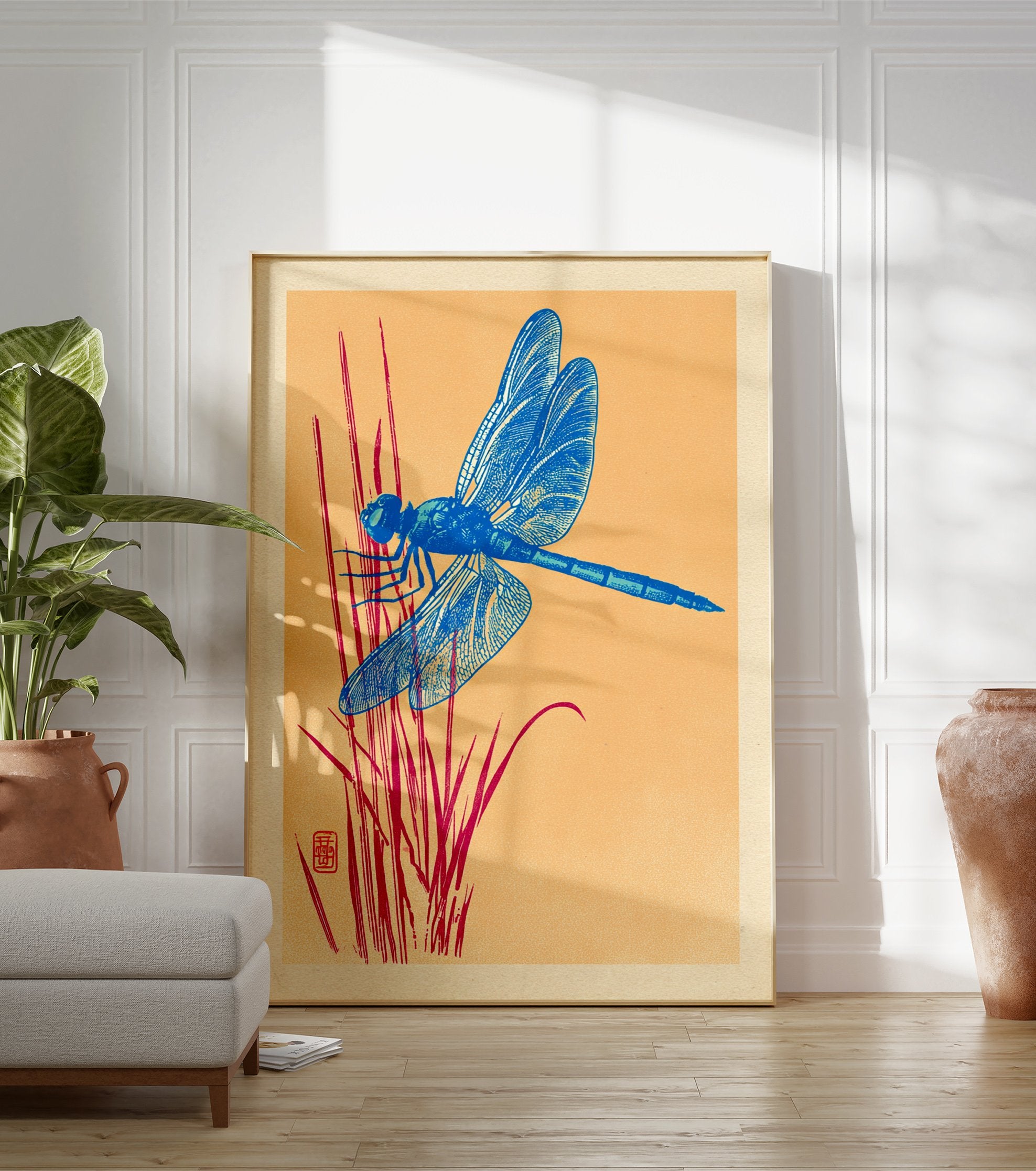 Blue dragonfly illustration on red reeds against an orange background, Japanese style art print with a red stamp. - Image 3