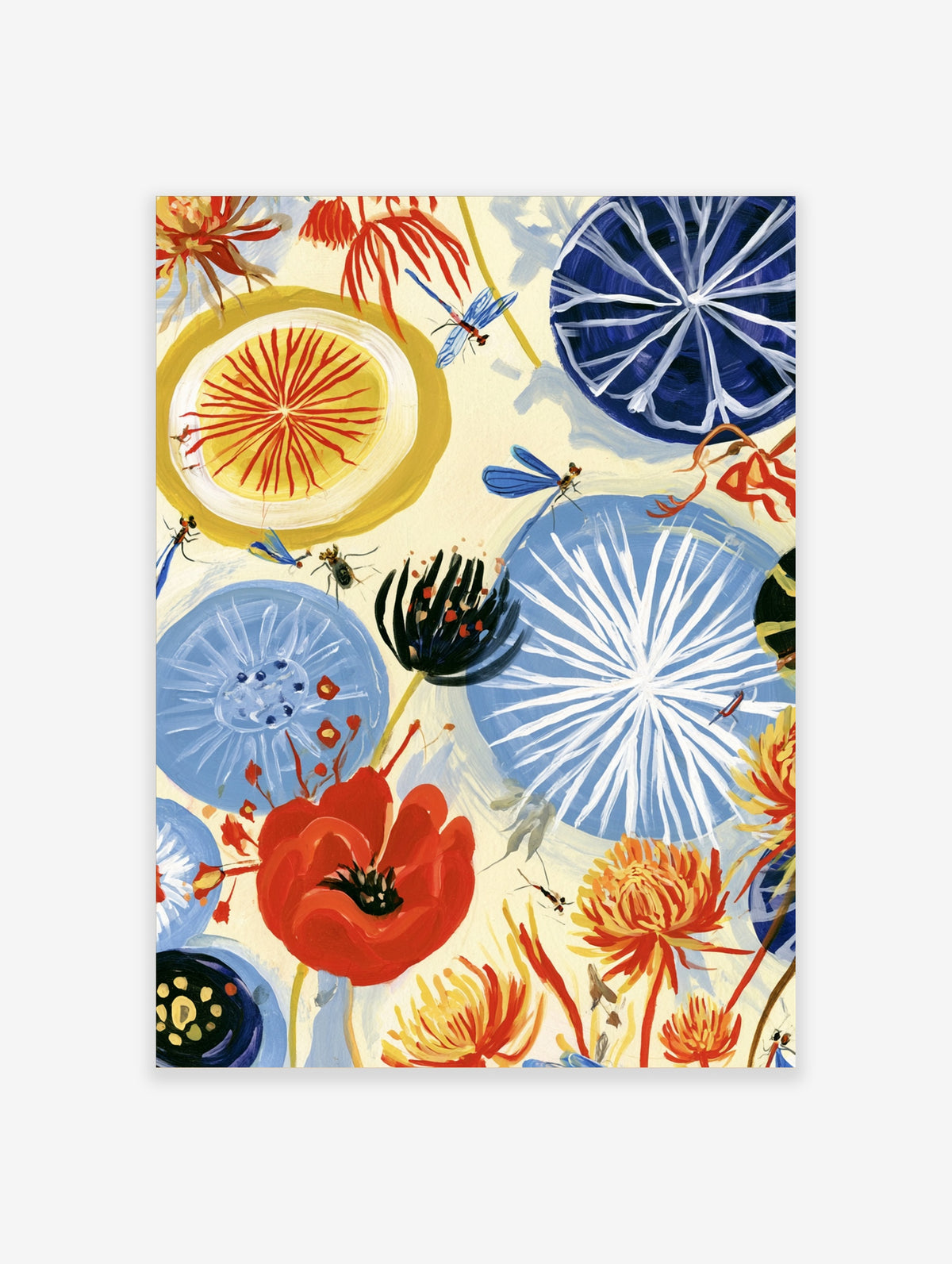 Blue dragonflies and red poppies with stylised blue and yellow flowers on a cream background art print