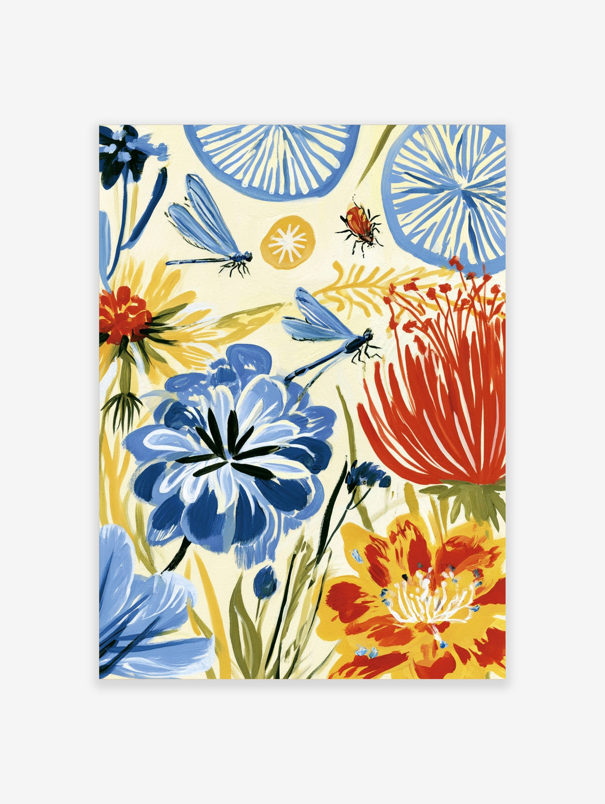 Blue dragonflies and stylised blue, red, and yellow flowers on a cream background art print