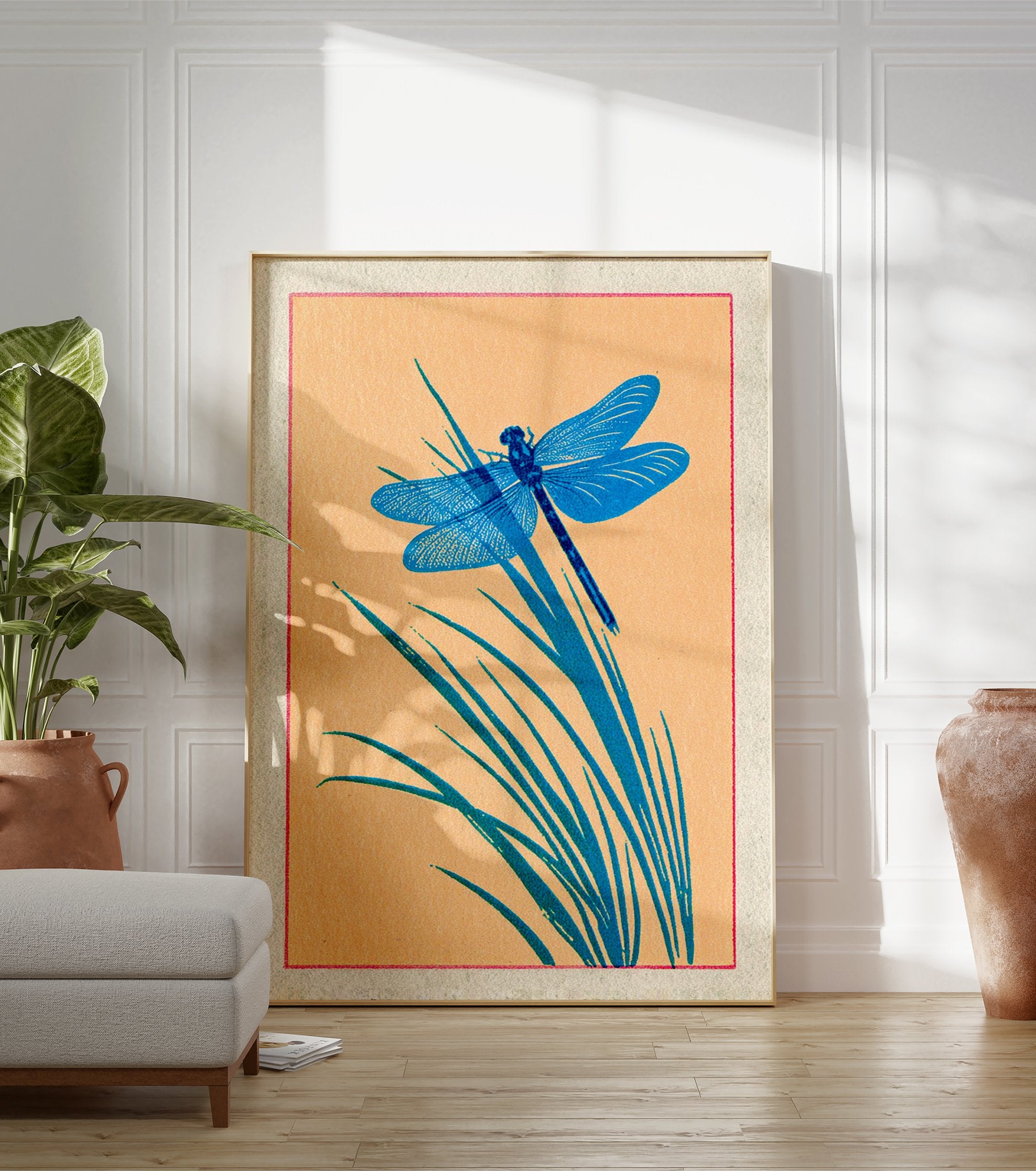 Blue dragonfly print on orange background with green reeds in a Japanese illustration style, framed by red line. - Image 3