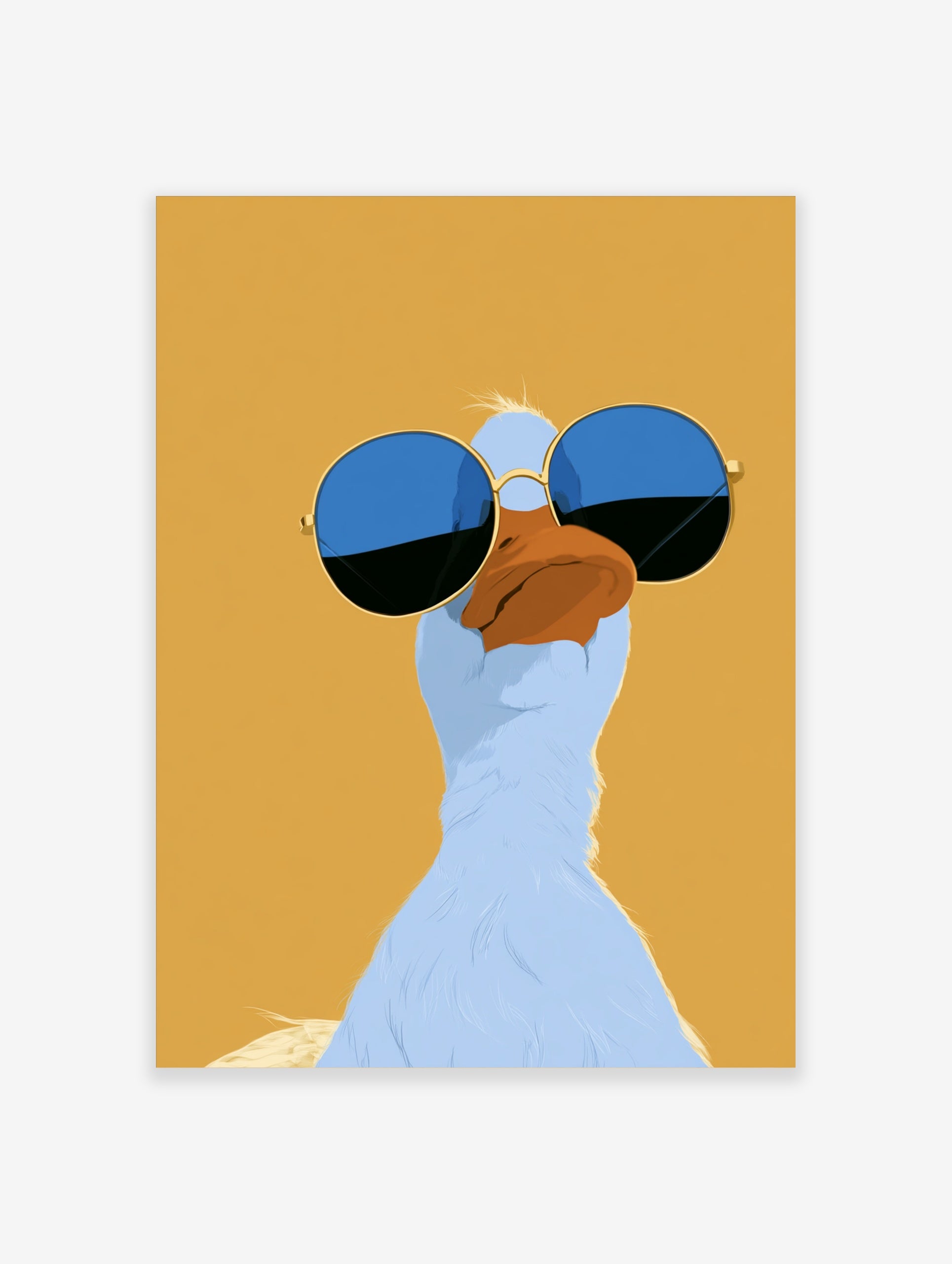 Stylized illustrative blue duck wearing round blue-tinted sunglasses on a solid mustard yellow background