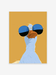 Stylized illustrative blue duck wearing round blue-tinted sunglasses on a solid mustard yellow background